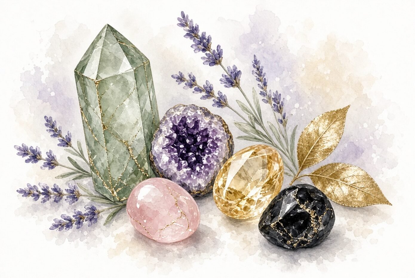 Cuarzo, amatista, cuarzo rosa, citrino y turmalina